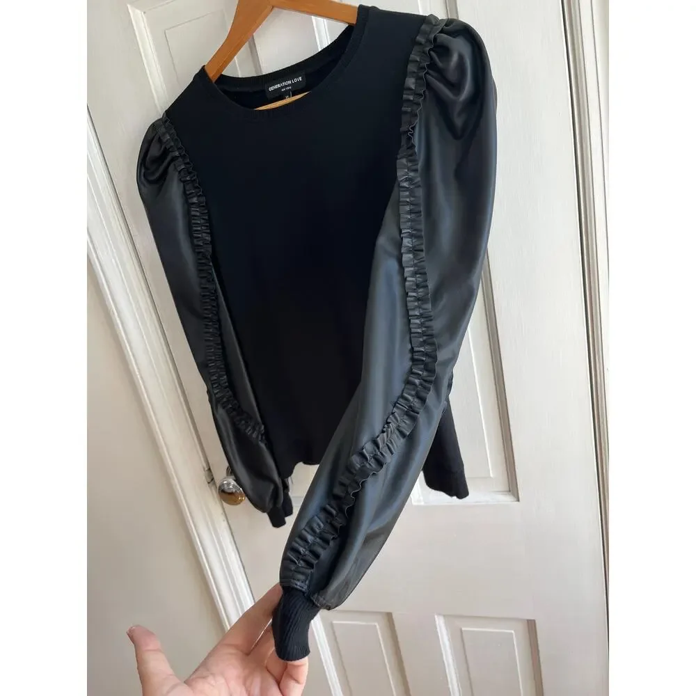 Generation Love Georgia SOFT Faux Leather Sleeve Top - Solid Black - Size XS - Picture 5 of 9